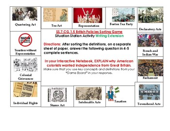 Preview of SS.7.CG.1.5 Vocabulary Activity Describe how British policies