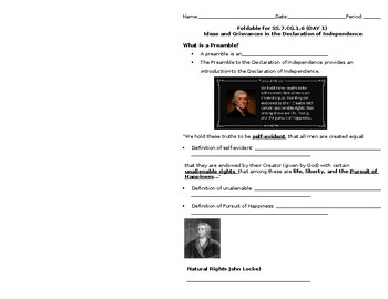 Preview of SS.7.CG.1.6 Day 1 Guided Note-Taking ideas in the Declaration of Independence