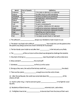 Preview of SSAT Vocabulary Fill-in-the-Blank Worksheet (definitions and part-of-speech)