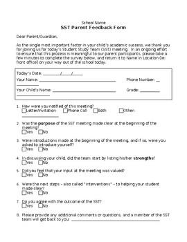 Preview of SST Parent Feedback Form (editable and fillable resource)