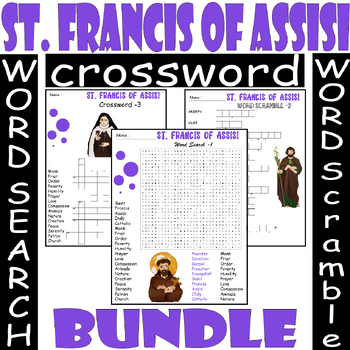 ST FRANCIS OF ASSISI WORD SEARCH/SCRAMBLE/CROSSWORD BUNDLE PUZZLES