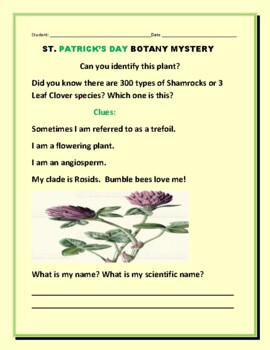 Preview of ST. PATRICK'S DAY BOTANY MYSTERY  W/ ANSWER KEY