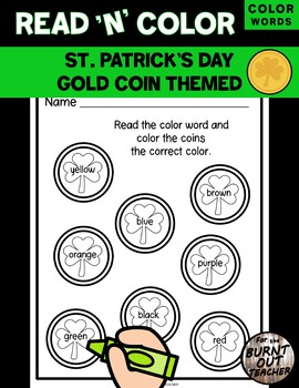 Preview of ST. PATRICK'S DAY GOLD COINS COIN READ & COLOR Worksheet COLOR WORDS HOLIDAY