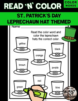 Preview of ST. PATRICK'S DAY LEPRECHAUN HATS READ & COLOR Worksheet COLOR WORDS HOLIDAY