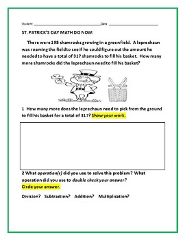 Preview of ST. PATRICK'S DAY MATH DO NOW: GRS. 1-3