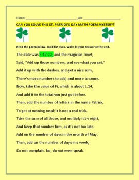 Preview of ST. PATRICK'S DAY MATH POEM MYSTERY   W/ANSWER KEY    GRS. 4-12, HAVE FUN!