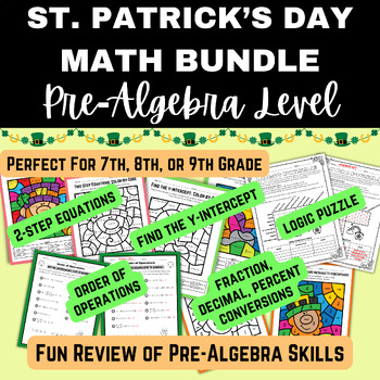 Preview of ST. PATRICK'S DAY Math Bundle Pre-Algebra (Y-Intercept, Equations, Logic Puzzle)