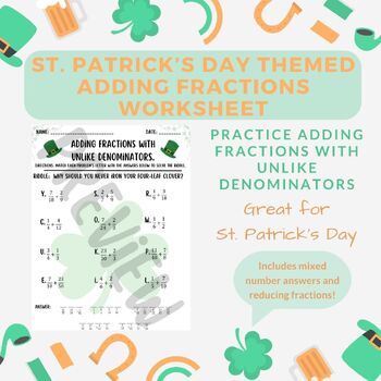 Preview of ST. PATRICK'S DAY - Math Riddle - Adding Fractions with Unlike Denominators!!