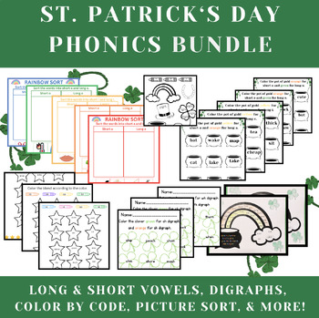 Preview of ST. PATRICK'S DAY PHONICS BUNDLE | LONG & SHORT VOWELS | DIGRAPHS | BONUS ITEM
