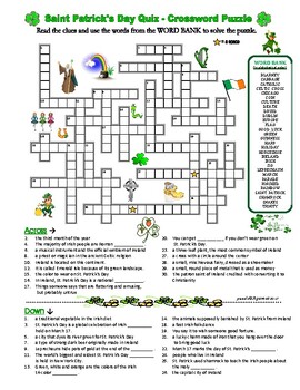 Preview of ST. PATRICK'S DAY QUIZ - Crossword Puzzle with Clues/Definitions & Word Bank