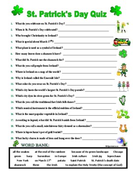 Preview of ST. PATRICK'S DAY QUIZ - TRIVIA: MATCH DEFINITIONS (Questions) WITH WORDS