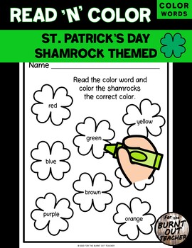 Preview of ST. PATRICK'S DAY SHAMROCKS READ & COLOR Worksheet COLOR WORDS HOLIDAY