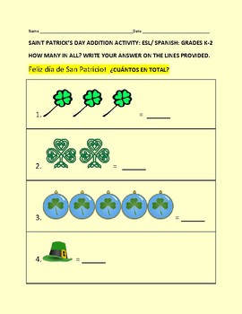 Preview of ST. PATRICK'S DAY: SIMPLE ADDITION ACTIVITY: K-2, ESL: SPANISH