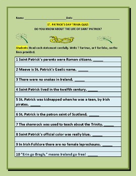 Preview of ST.  PATRICK'S DAY TRIVIA QUIZ