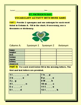 Preview of ST. PATRICK'S DAY VOCABULARY ACTIVITY & WORD GAME  GRS. 4-8