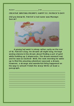 Preview of ST. PATRICK'S DAY WRITING PROMPT & FREE WORD SEARCH ACTIVITY, GRS.4-7, ELA & ESL