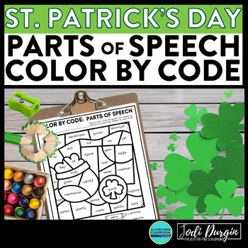 Preview of ST. PATRICK'S DAY color by code March coloring page PARTS OF SPEECH worksheet