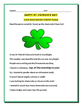 Preview of ST. PATRICK'S RIDDLE/POEM WITH MATH/BOTANY TIDBITS   W/ANS. KEY GRS.3-8, MG