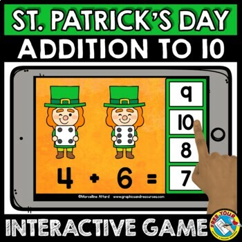 Preview of ST PATRICKS DAY BOOM CARDS MATH ACTIVITY KINDERGARTEN PICTURE ADDITION WITHIN 10