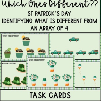 Preview of ST Patrick's Day Identifying Whats Different From An Array Of 4 Task Cards