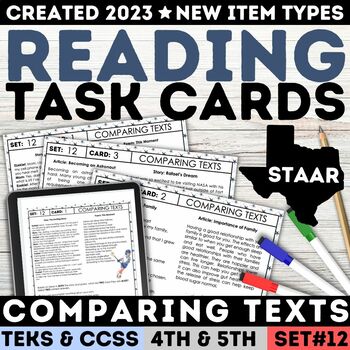 Preview of STAAR Comparing & Contrast Two Texts Texts on the Same Topic Task Cards Passages