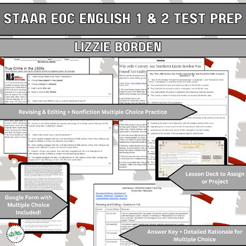 Preview of STAAR EOC English 1/2 Test Prep - Rev/Edit + Nonfiction - Lizzie Borden!