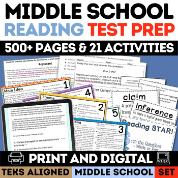 Preview of STAAR Test Prep Bundle ELA Worksheets 6th 7th 8th Grade Reading Comprehension