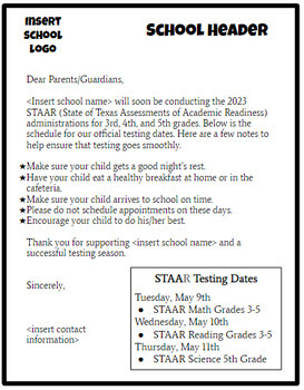 Preview of STAAR Testing Parent Letter with Testing Dates - EDITABLE!