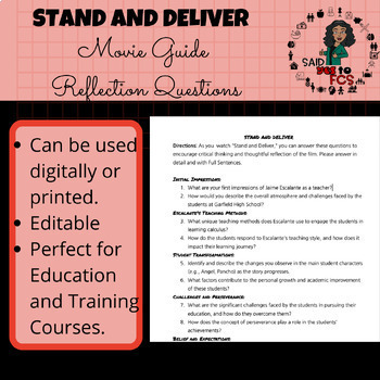 Preview of STAND AND DELIVER Reflection Questions/Movie Guide (IPET)