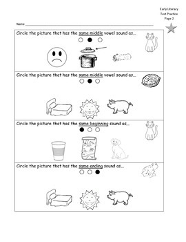 Preview of Early Literacy Test Prep pages (middle, beg, end sounds)