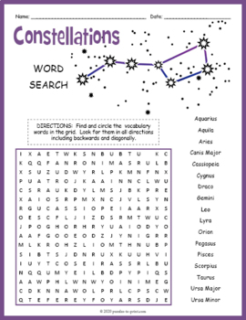 Preview of STARS & CONSTELLATIONS Word Search Worksheet Activity - 4th, 5th, 6th, 7th Grade