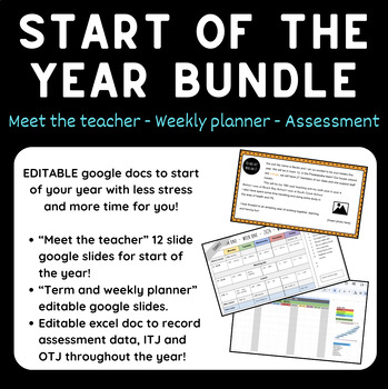 Preview of START of the year bundle - planner, assessment template, meet the teacher slides