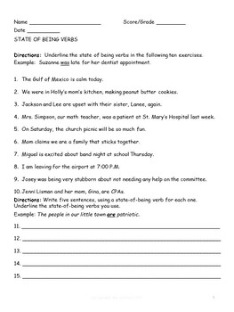 STATE OF BEING VERBS: WORKSHEET AND REVIEW GRADE 5 by Ms Rebecca