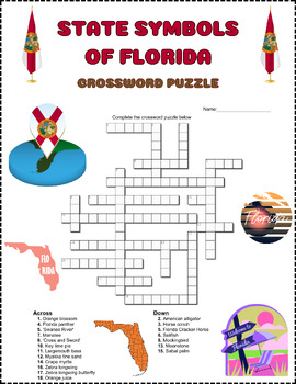Preview of STATE SYMBOLS OF FLORIDA Crossword Puzzle Activity Worksheet Game Color & B/W