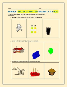 Preview of STATES OF MATTER: QUIZ: GRADES 1 & 2