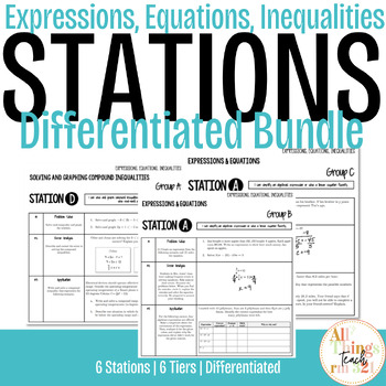 Preview of STATIONS - Differentiated - Expressions, Equations, Inequalities w/ Answer Keys!