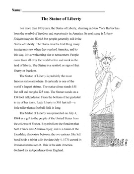 Preview of STATUE OF LIBERTY Mini-Lesson 18 Multiple Choice READING COMPREHENSION Questions