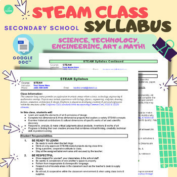 Preview of STEAM Class Syllabus & Contract - Editable