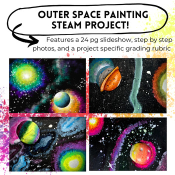 Preview of STEAM Outer space painting art project with guided tutorial, slideshow, rubric