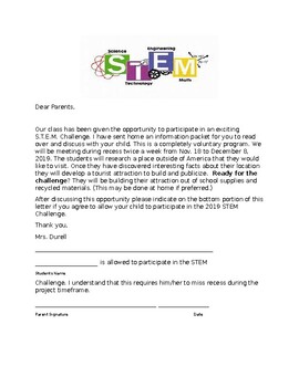 Preview of STEM Challenge Parent Letter