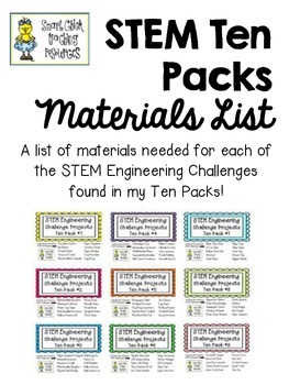 Preview of STEM Engineering Challenges Ten Packs ~ Full Materials List ~ FREE!