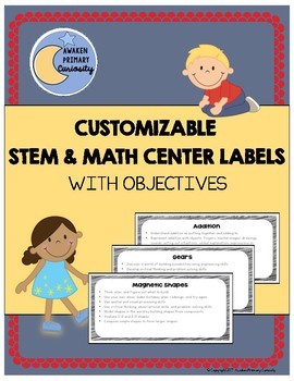 Preview of STEM & Math Center Labels With Objectives (Customizable)