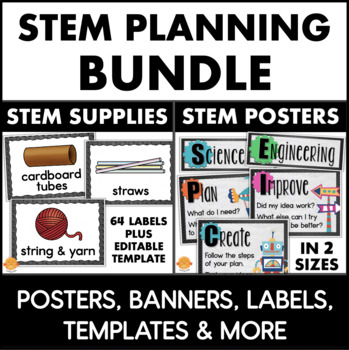 Preview of STEM STEAM Posters & Supply Labels Stem Classroom Decor Bulletin Board Posters