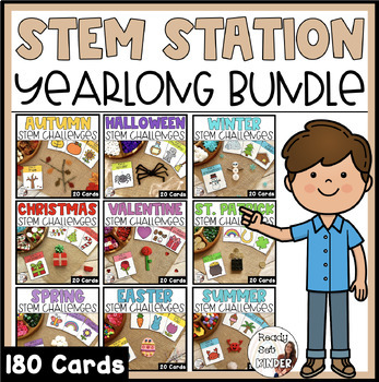 Preview of STEM Station Challenge Cards Yearlong Bundle | Maker Space STEAM Building Tasks