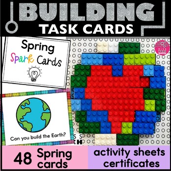 Preview of STEM Task Cards Spring March April May Building Brick Lego Challenge Cards Maker