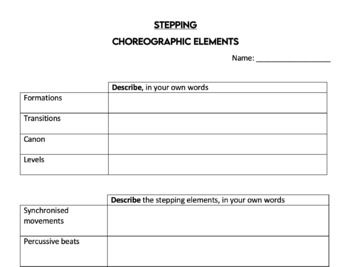 Preview of STEPPING Choreographic Devices and Stylistic Features worksheet. Y7-8 online.