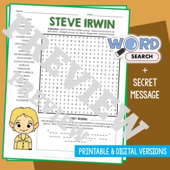 Preview of STEVE IRWIN Word Search Puzzle Activity Vocabulary Worksheet Secret Message