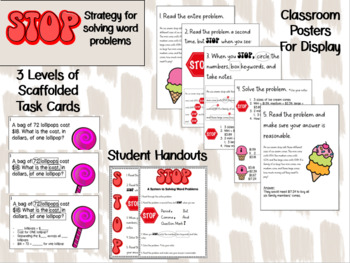 Preview of STOP Strategy: Multi-Step Word Problems with Scaffolded Task Cards- Test Prep