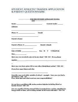 Preview of STUDENT ATHLETIC TRAINER APPLICATION & PARENT QUESTIONNAIRE