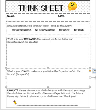 Preview of STUDENT BEHAVIOR THINK SHEET (editable)